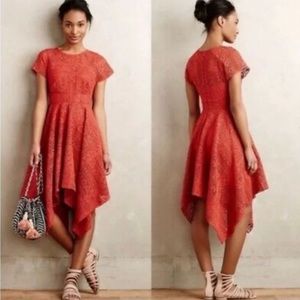 Maeve Coral Lace Handkerchief-Hem Dress